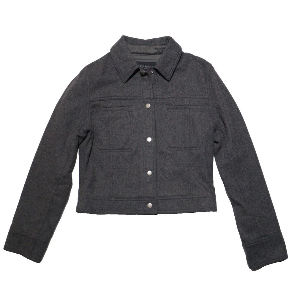 Express‎ Cardigan Womens 4 Small Gray Wool Blend Button Collared Coat Preppy